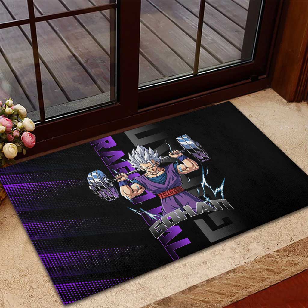 Gohan Dragon Ball Gym Theme Rubber Doormat with Dumbbell Power Lift and Electric Aura on Black and Purple Design - The Mazicc