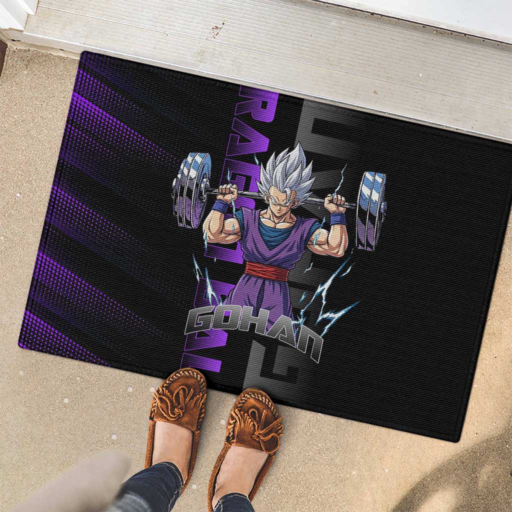 Gohan Dragon Ball Gym Theme Rubber Doormat with Dumbbell Power Lift and Electric Aura on Black and Purple Design - The Mazicc
