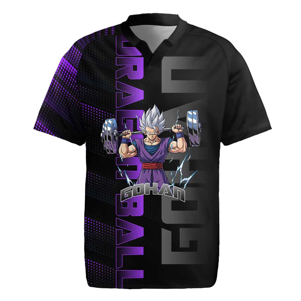 Gohan Dragon Ball Gym Theme Rugby Jersey with Dumbbell Power Lift and Electric Aura on Black and Purple Design - The Mazicc