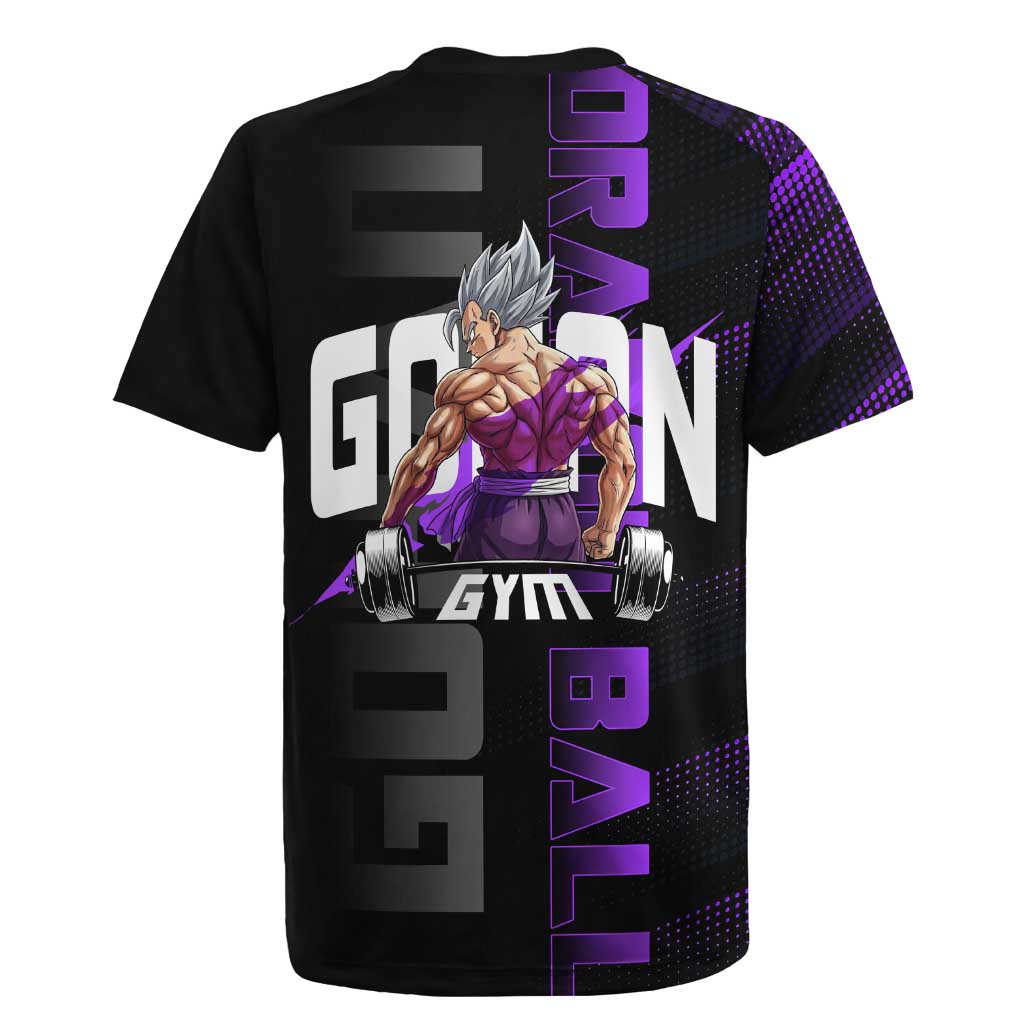 Gohan Dragon Ball Gym Theme Rugby Jersey with Dumbbell Power Lift and Electric Aura on Black and Purple Design - The Mazicc