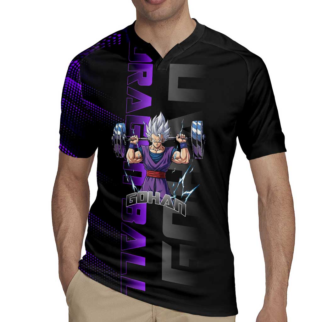 Gohan Dragon Ball Gym Theme Rugby Jersey with Dumbbell Power Lift and Electric Aura on Black and Purple Design - The Mazicc