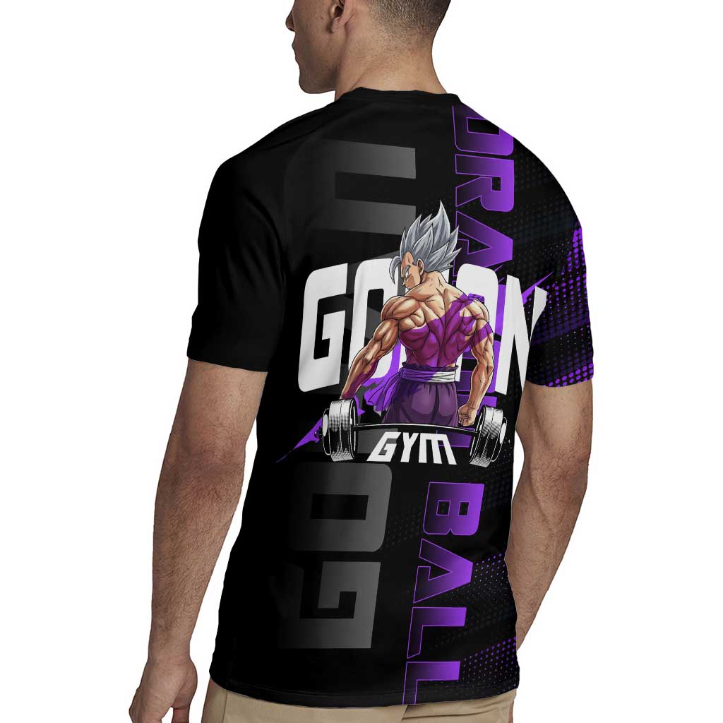 Gohan Dragon Ball Gym Theme Rugby Jersey with Dumbbell Power Lift and Electric Aura on Black and Purple Design - The Mazicc
