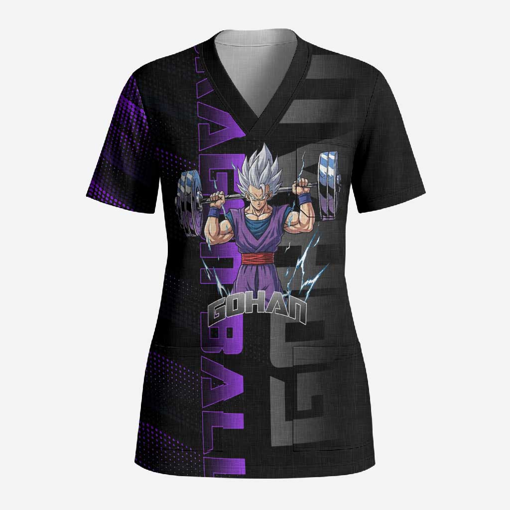 Gohan Dragon Ball Gym Theme Scrub Top with Dumbbell Power Lift and Electric Aura on Black and Purple Design - The Mazicc