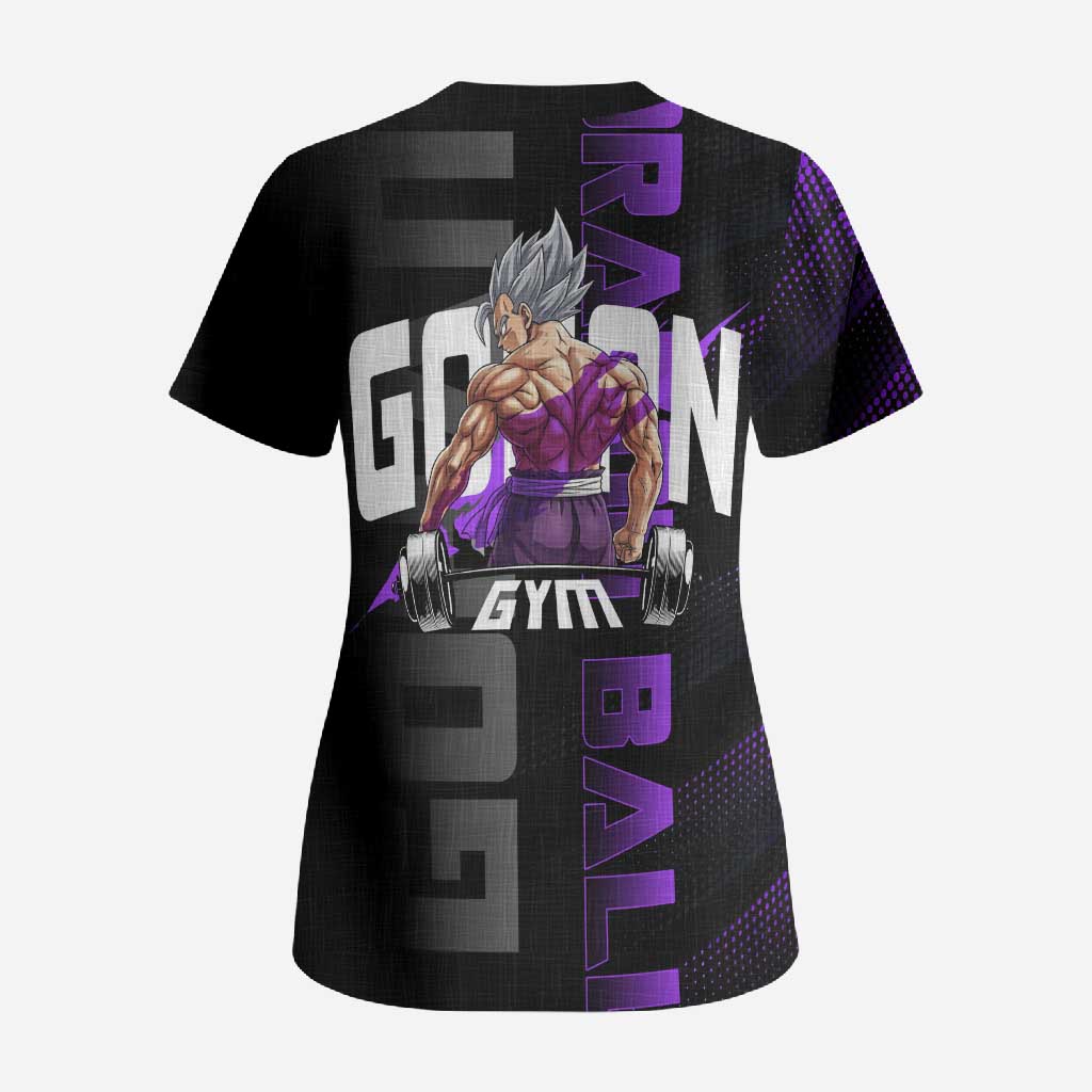 Gohan Dragon Ball Gym Theme Scrub Top with Dumbbell Power Lift and Electric Aura on Black and Purple Design - The Mazicc