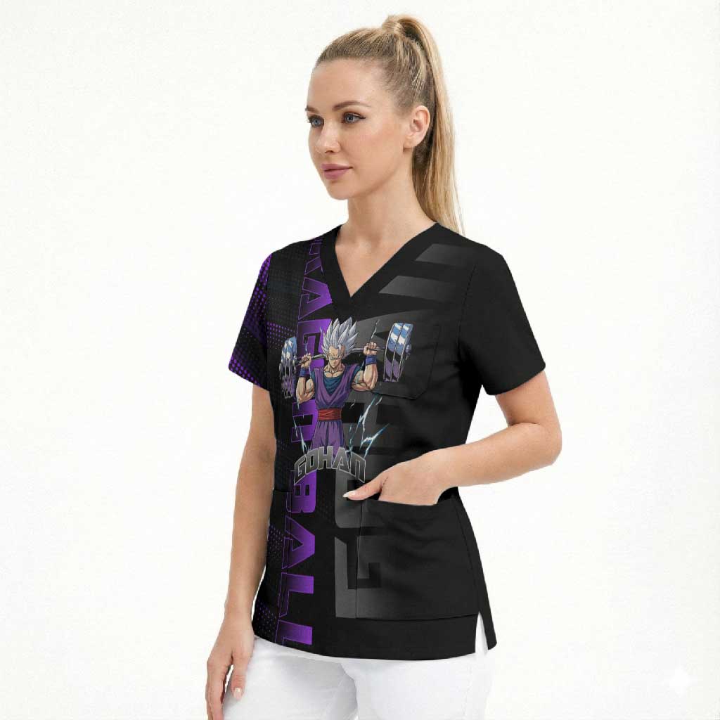 Gohan Dragon Ball Gym Theme Scrub Top with Dumbbell Power Lift and Electric Aura on Black and Purple Design - The Mazicc