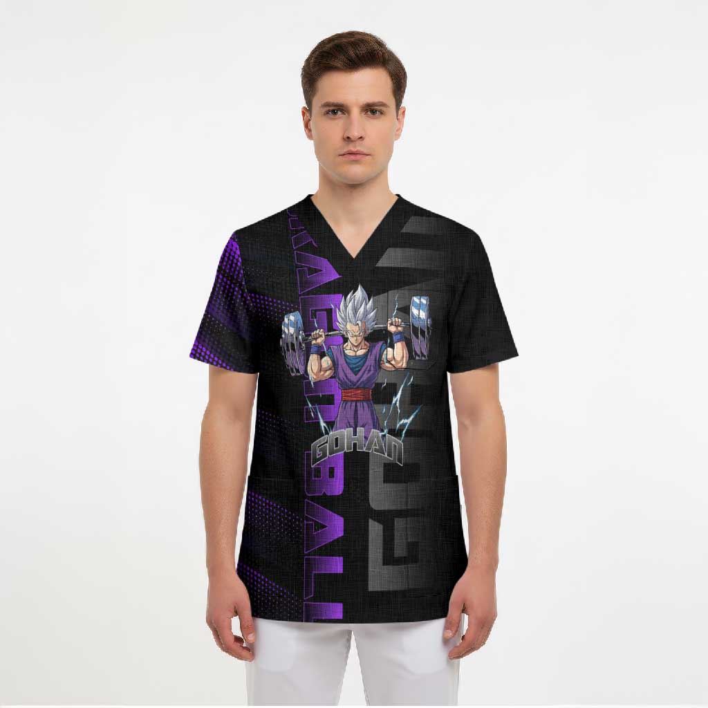 Gohan Dragon Ball Gym Theme Scrub Top with Dumbbell Power Lift and Electric Aura on Black and Purple Design - The Mazicc