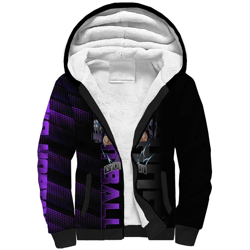 Gohan Dragon Ball Gym Theme Sherpa Hoodie with Dumbbell Power Lift and Electric Aura on Black and Purple Design - The Mazicc