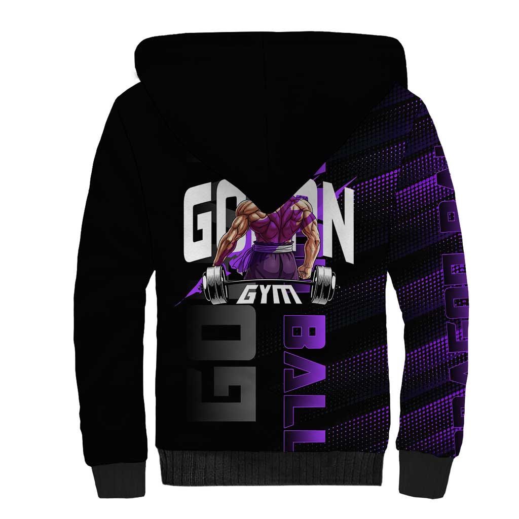 Gohan Dragon Ball Gym Theme Sherpa Hoodie with Dumbbell Power Lift and Electric Aura on Black and Purple Design - The Mazicc