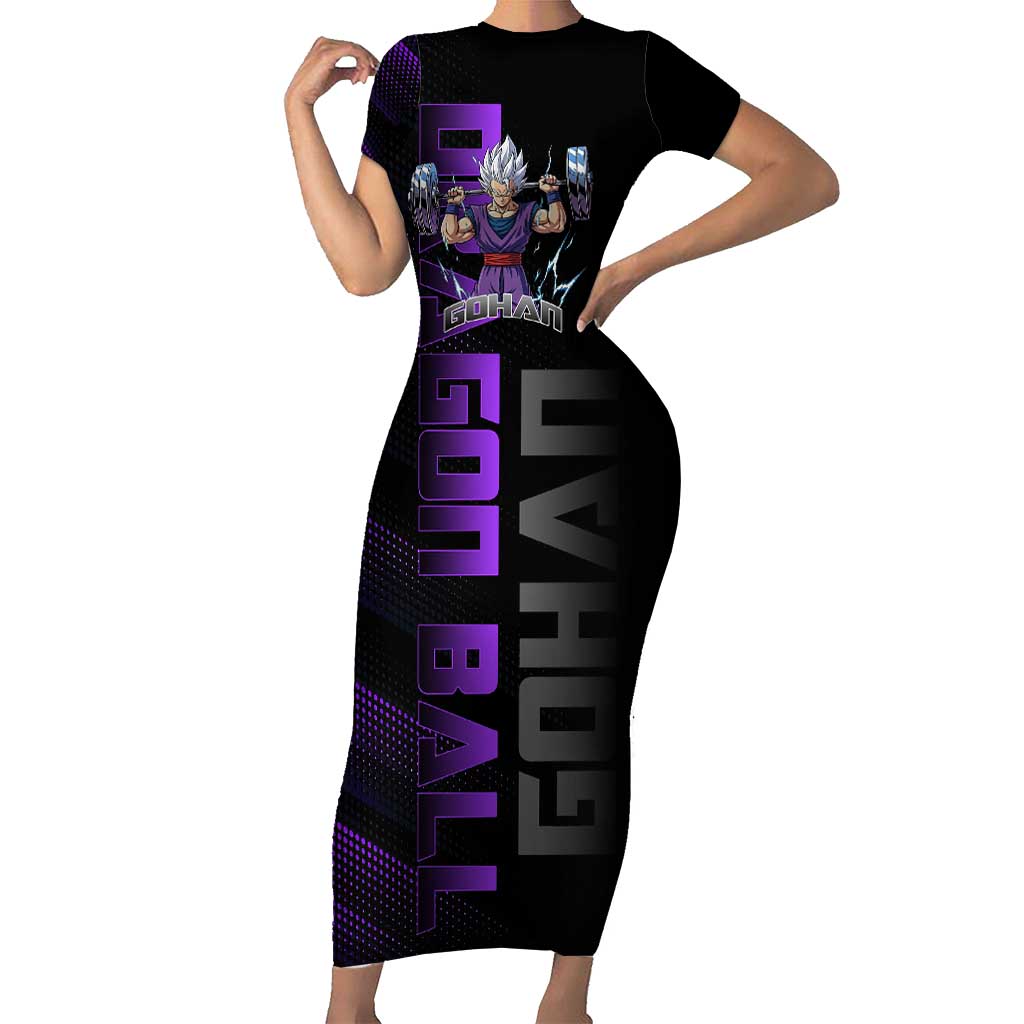 Gohan Dragon Ball Gym Theme Short Sleeve Bodycon Dress with Dumbbell Power Lift and Electric Aura on Black and Purple Design - The Mazicc