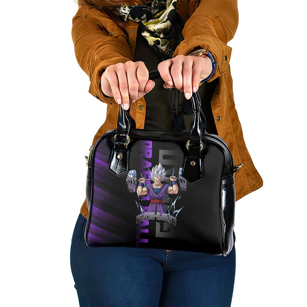 Gohan Dragon Ball Gym Theme Shoulder Handbag with Dumbbell Power Lift and Electric Aura on Black and Purple Design - The Mazicc