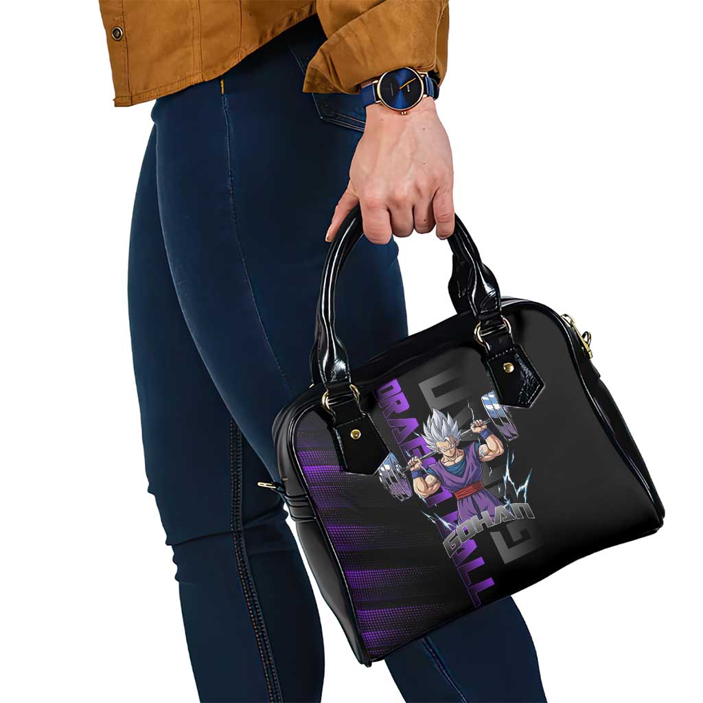 Gohan Dragon Ball Gym Theme Shoulder Handbag with Dumbbell Power Lift and Electric Aura on Black and Purple Design - The Mazicc