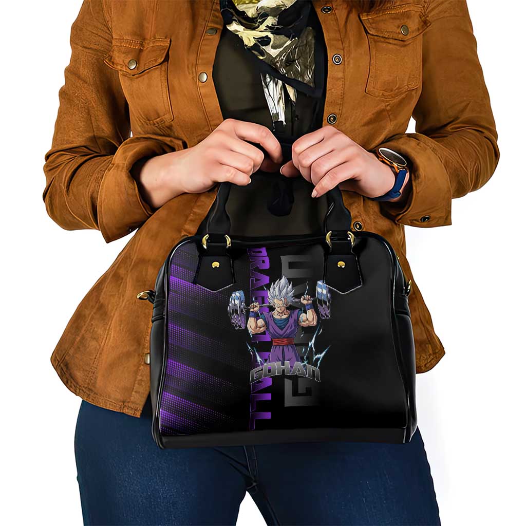 Gohan Dragon Ball Gym Theme Shoulder Handbag with Dumbbell Power Lift and Electric Aura on Black and Purple Design - The Mazicc