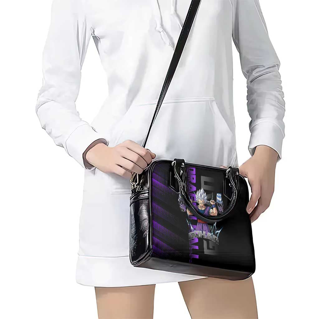 Gohan Dragon Ball Gym Theme Shoulder Handbag with Dumbbell Power Lift and Electric Aura on Black and Purple Design - The Mazicc