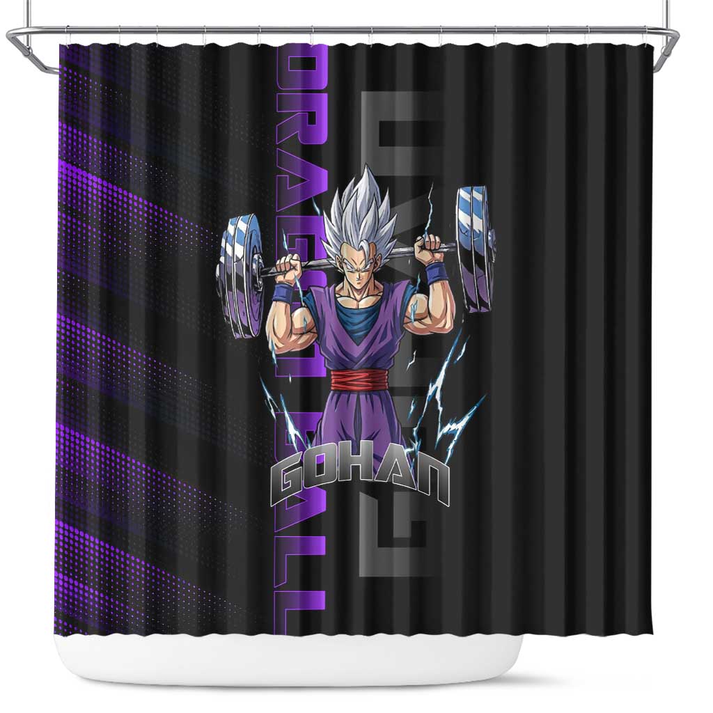 Gohan Dragon Ball Gym Theme Shower Curtain with Dumbbell Power Lift and Electric Aura on Black and Purple Design - The Mazicc