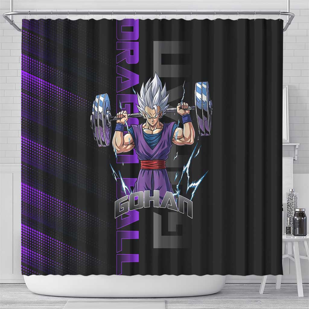 Gohan Dragon Ball Gym Theme Shower Curtain with Dumbbell Power Lift and Electric Aura on Black and Purple Design - The Mazicc
