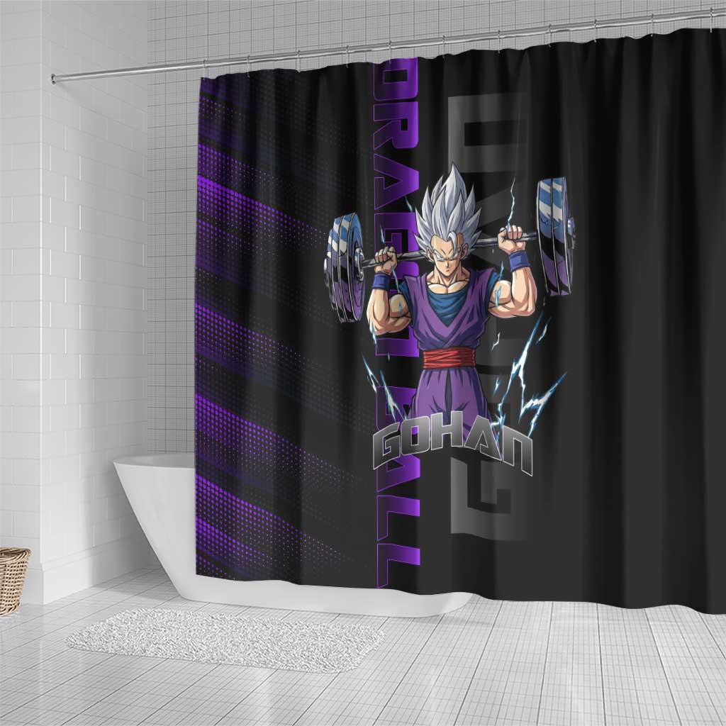 Gohan Dragon Ball Gym Theme Shower Curtain with Dumbbell Power Lift and Electric Aura on Black and Purple Design - The Mazicc