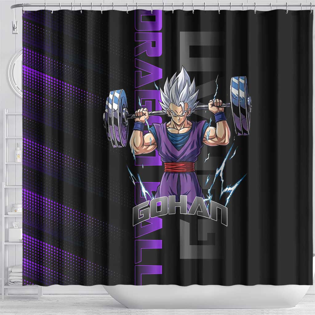 Gohan Dragon Ball Gym Theme Shower Curtain with Dumbbell Power Lift and Electric Aura on Black and Purple Design - The Mazicc