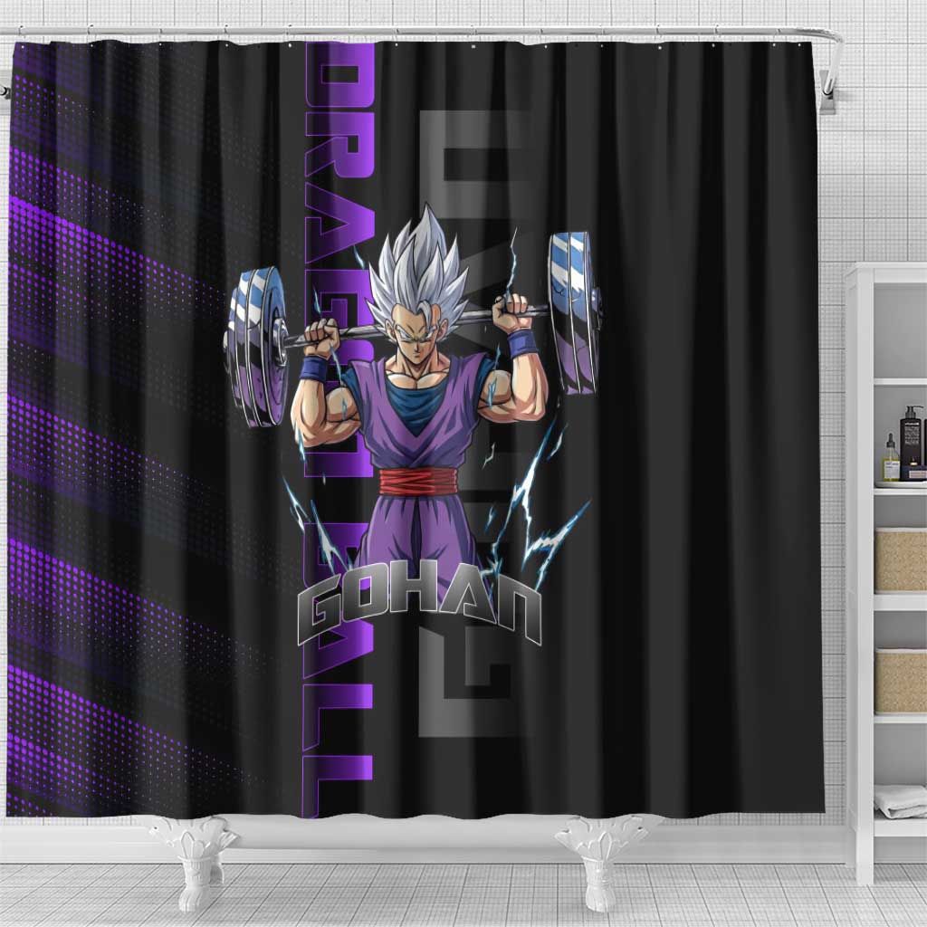 Gohan Dragon Ball Gym Theme Shower Curtain with Dumbbell Power Lift and Electric Aura on Black and Purple Design - The Mazicc