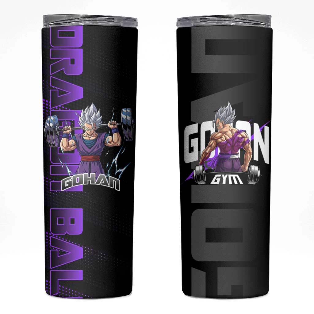 Gohan Dragon Ball Gym Theme Skinny Tumbler with Dumbbell Power Lift and Electric Aura on Black and Purple Design - The Mazicc