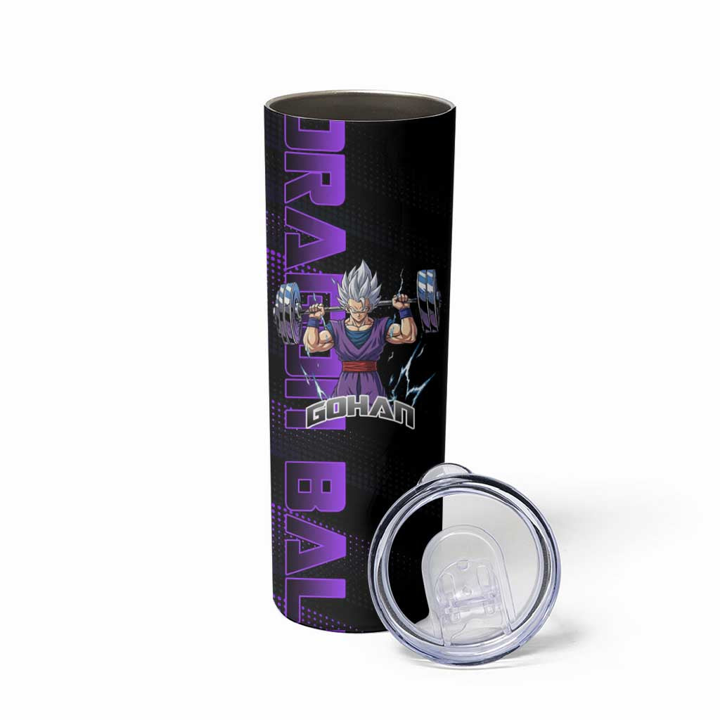 Gohan Dragon Ball Gym Theme Skinny Tumbler with Dumbbell Power Lift and Electric Aura on Black and Purple Design - The Mazicc