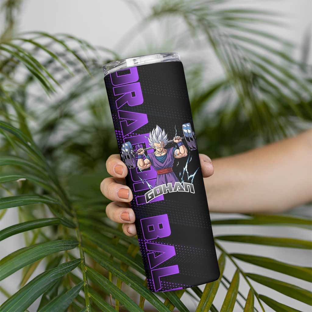 Gohan Dragon Ball Gym Theme Skinny Tumbler with Dumbbell Power Lift and Electric Aura on Black and Purple Design - The Mazicc
