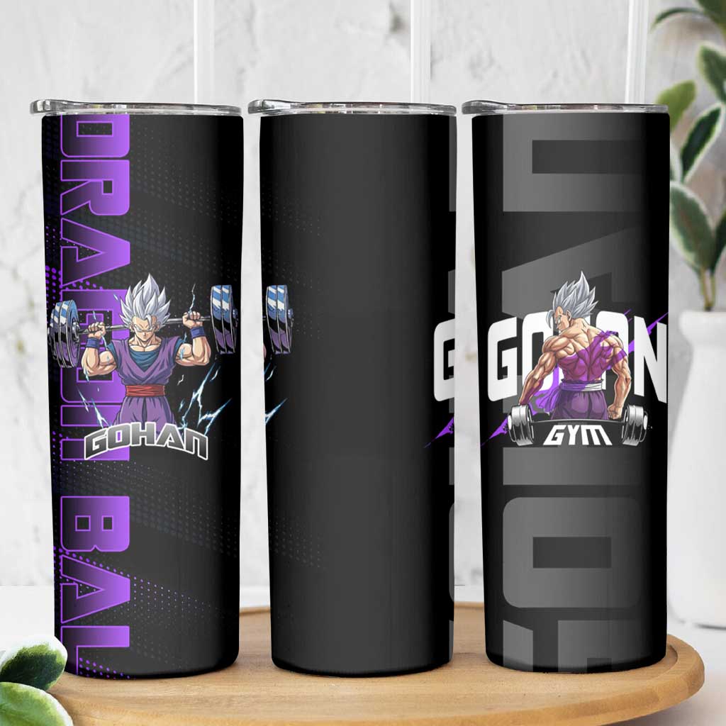 Gohan Dragon Ball Gym Theme Skinny Tumbler with Dumbbell Power Lift and Electric Aura on Black and Purple Design - The Mazicc
