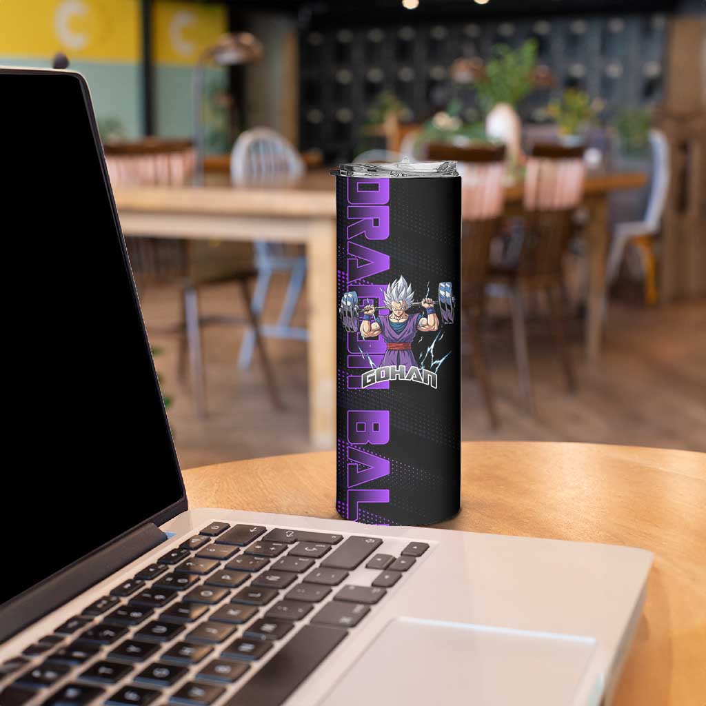 Gohan Dragon Ball Gym Theme Skinny Tumbler with Dumbbell Power Lift and Electric Aura on Black and Purple Design - The Mazicc