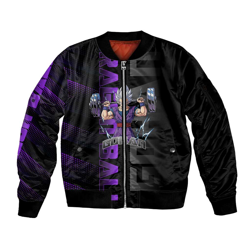 Gohan Dragon Ball Gym Theme Sleeve Zip Bomber Jacket with Dumbbell Power Lift and Electric Aura on Black and Purple Design - The Mazicc