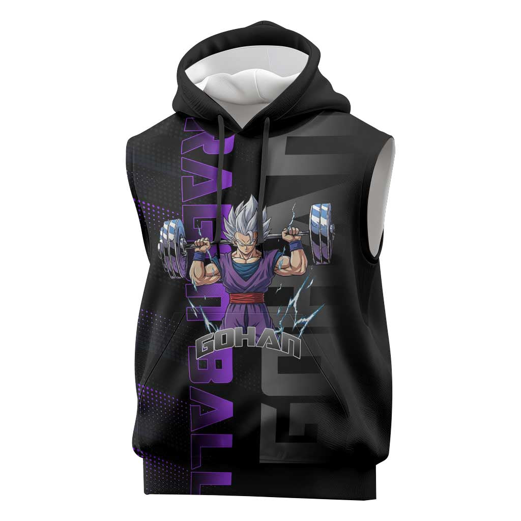 Gohan Dragon Ball Gym Theme Sleeveless Hoodie with Dumbbell Power Lift and Electric Aura on Black and Purple Design - The Mazicc