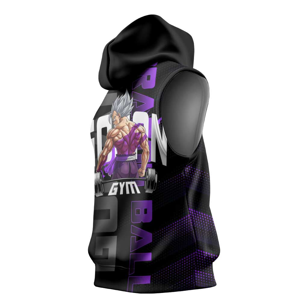 Gohan Dragon Ball Gym Theme Sleeveless Hoodie with Dumbbell Power Lift and Electric Aura on Black and Purple Design - The Mazicc