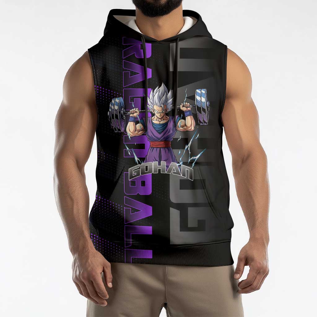 Gohan Dragon Ball Gym Theme Sleeveless Hoodie with Dumbbell Power Lift and Electric Aura on Black and Purple Design - The Mazicc