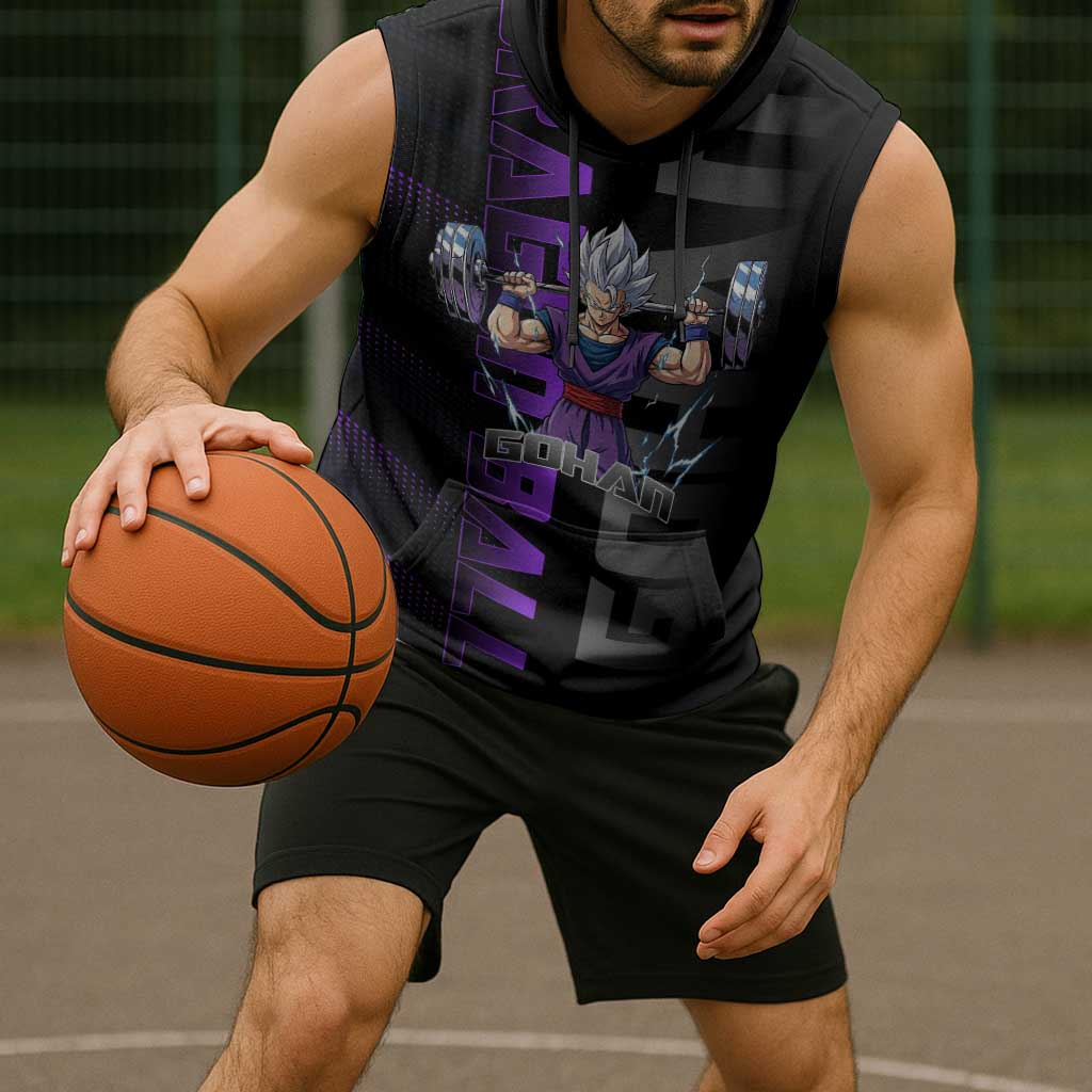 Gohan Dragon Ball Gym Theme Sleeveless Hoodie with Dumbbell Power Lift and Electric Aura on Black and Purple Design - The Mazicc