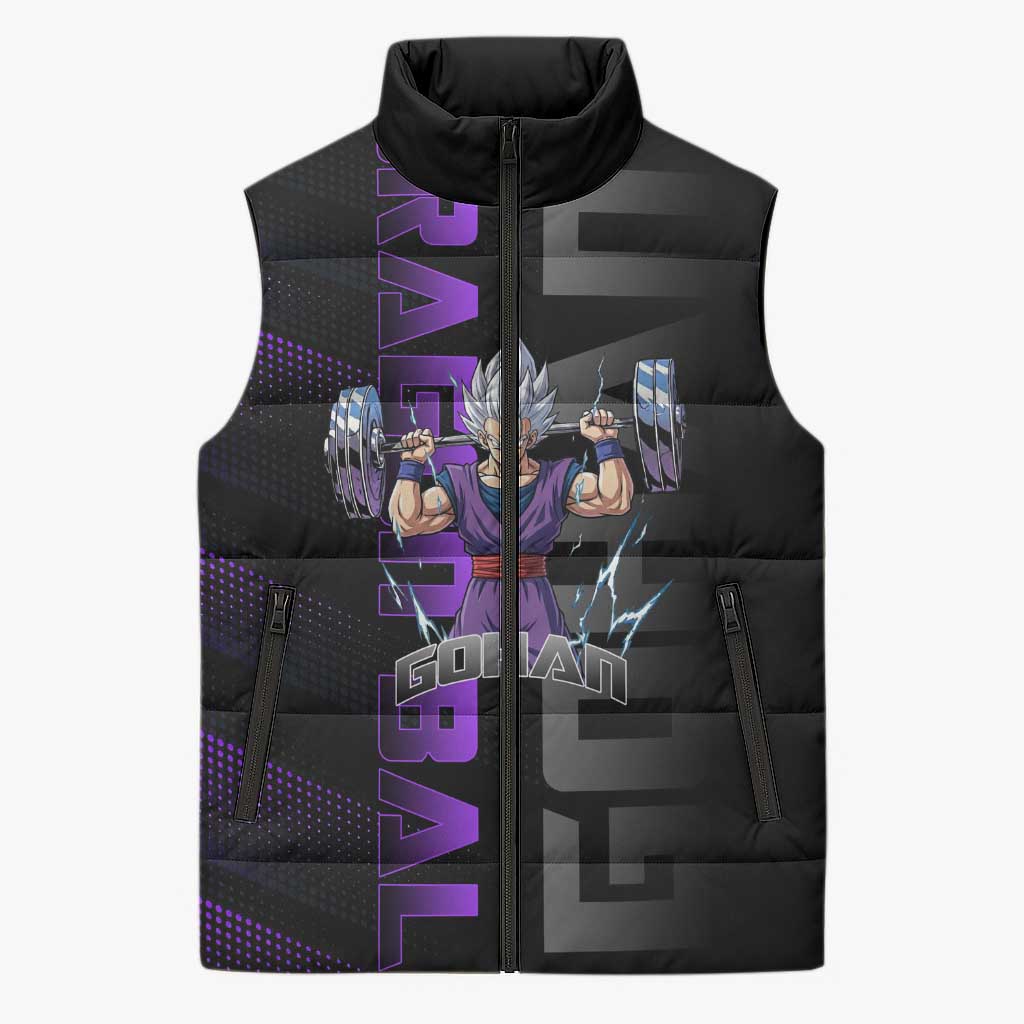 Gohan Dragon Ball Gym Theme Sleeveless Puffer Jacket with Dumbbell Power Lift and Electric Aura on Black and Purple Design - The Mazicc