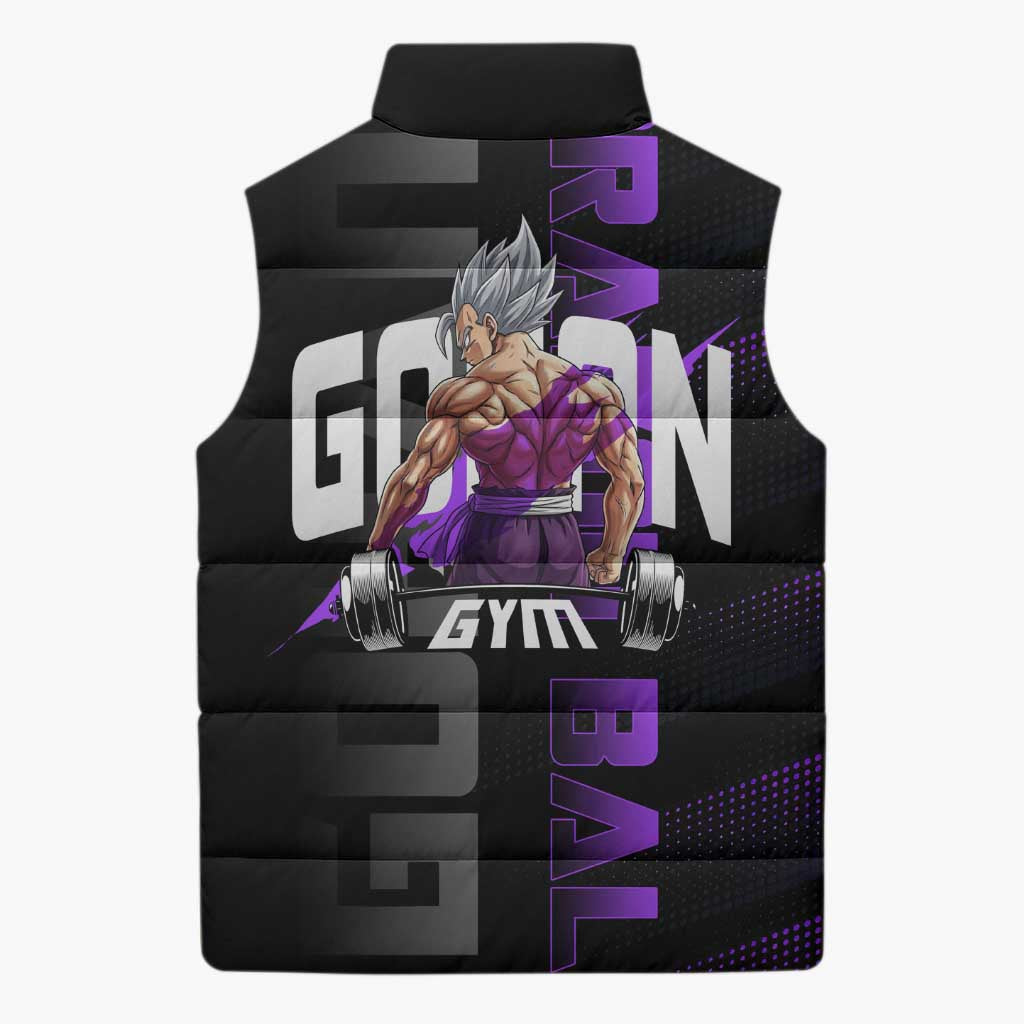 Gohan Dragon Ball Gym Theme Sleeveless Puffer Jacket with Dumbbell Power Lift and Electric Aura on Black and Purple Design - The Mazicc