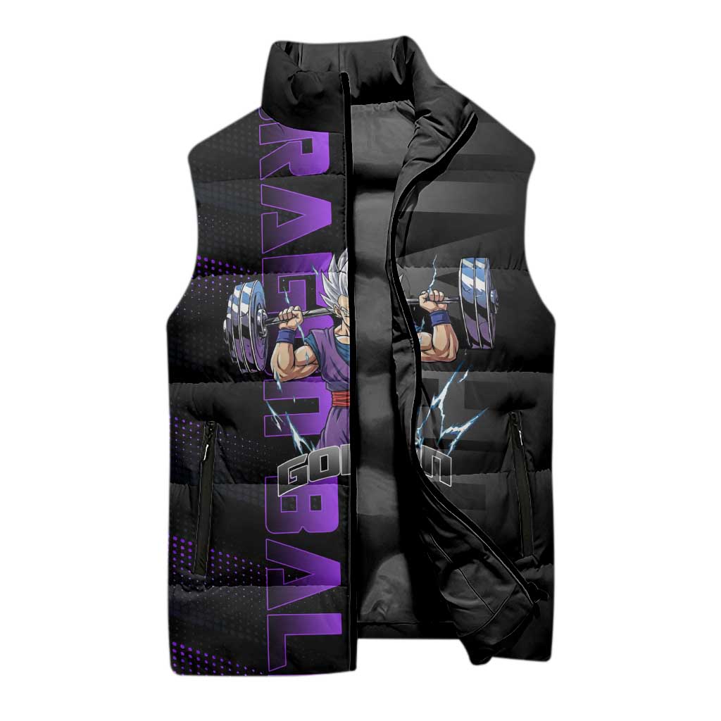Gohan Dragon Ball Gym Theme Sleeveless Puffer Jacket with Dumbbell Power Lift and Electric Aura on Black and Purple Design - The Mazicc