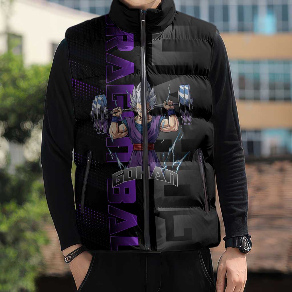 Gohan Dragon Ball Gym Theme Sleeveless Puffer Jacket with Dumbbell Power Lift and Electric Aura on Black and Purple Design - The Mazicc