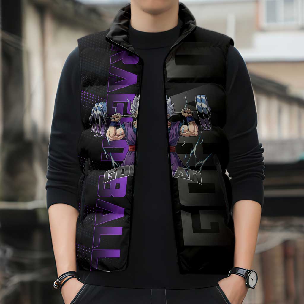 Gohan Dragon Ball Gym Theme Sleeveless Puffer Jacket with Dumbbell Power Lift and Electric Aura on Black and Purple Design - The Mazicc