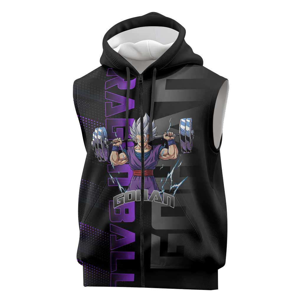 Gohan Dragon Ball Gym Theme Sleeveless Zip Hoodie with Dumbbell Power Lift and Electric Aura on Black and Purple Design - The Mazicc