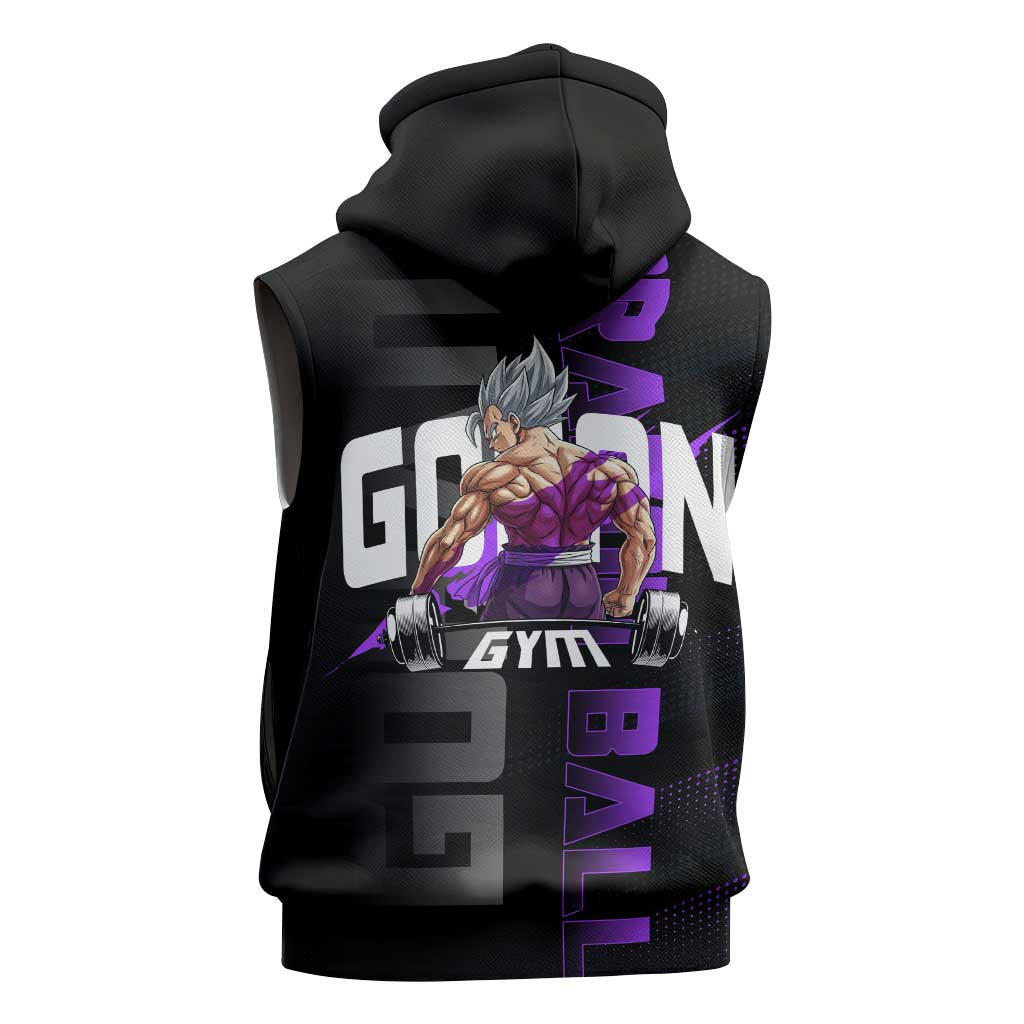 Gohan Dragon Ball Gym Theme Sleeveless Zip Hoodie with Dumbbell Power Lift and Electric Aura on Black and Purple Design - The Mazicc