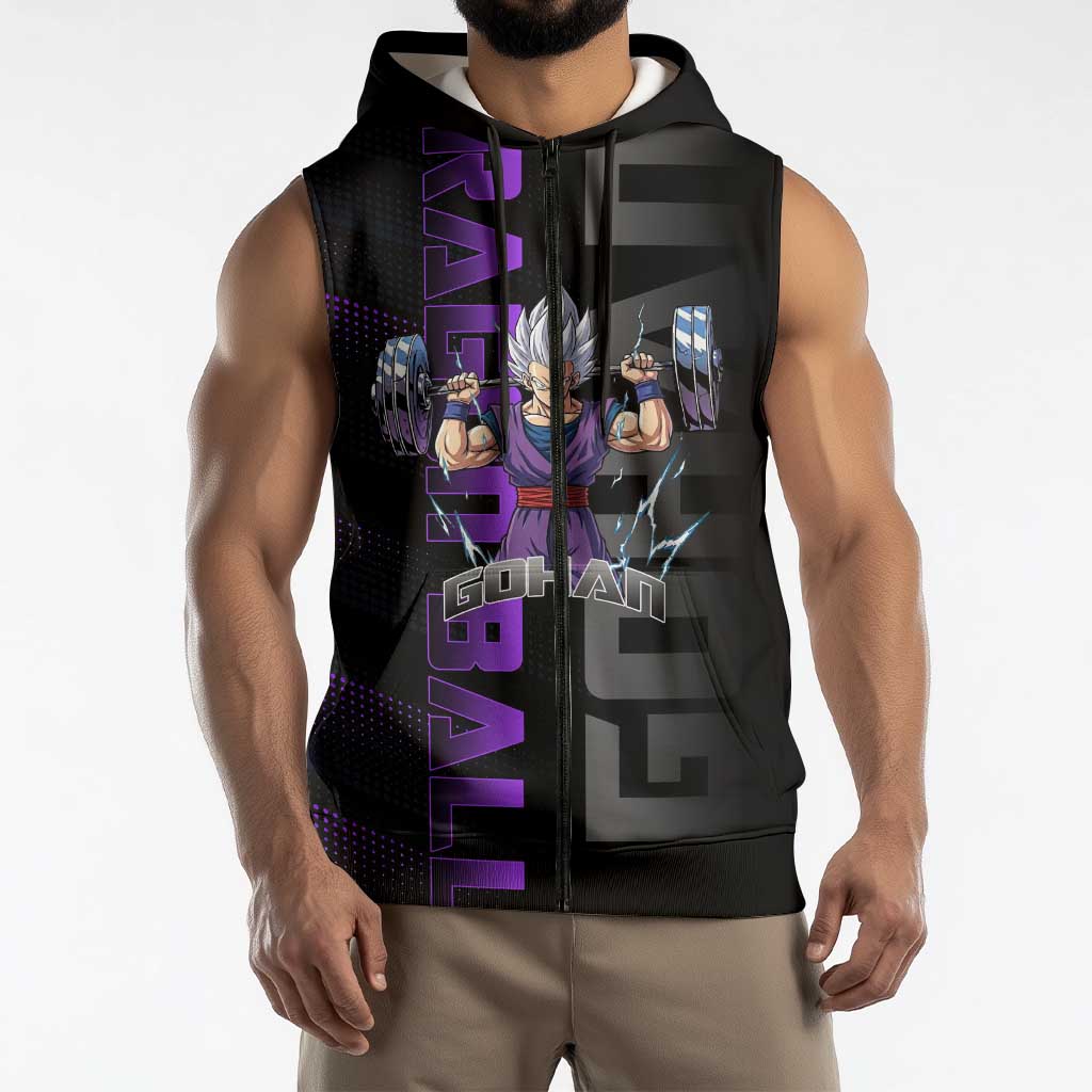 Gohan Dragon Ball Gym Theme Sleeveless Zip Hoodie with Dumbbell Power Lift and Electric Aura on Black and Purple Design - The Mazicc