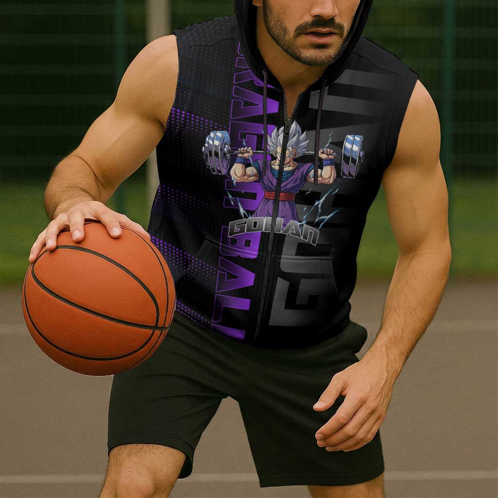 Gohan Dragon Ball Gym Theme Sleeveless Zip Hoodie with Dumbbell Power Lift and Electric Aura on Black and Purple Design - The Mazicc