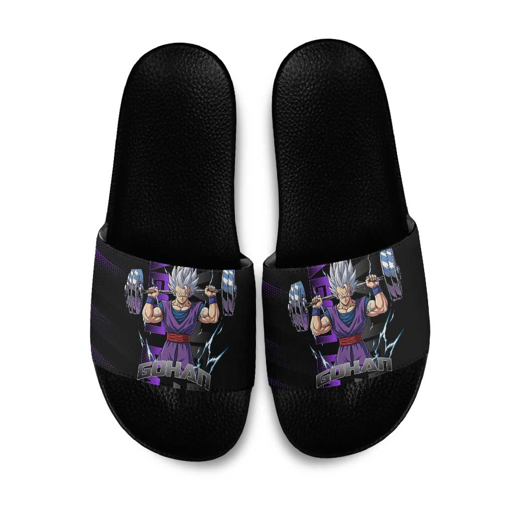 Gohan Dragon Ball Gym Theme Slide Sandals with Dumbbell Power Lift and Electric Aura on Black and Purple Design - The Mazicc