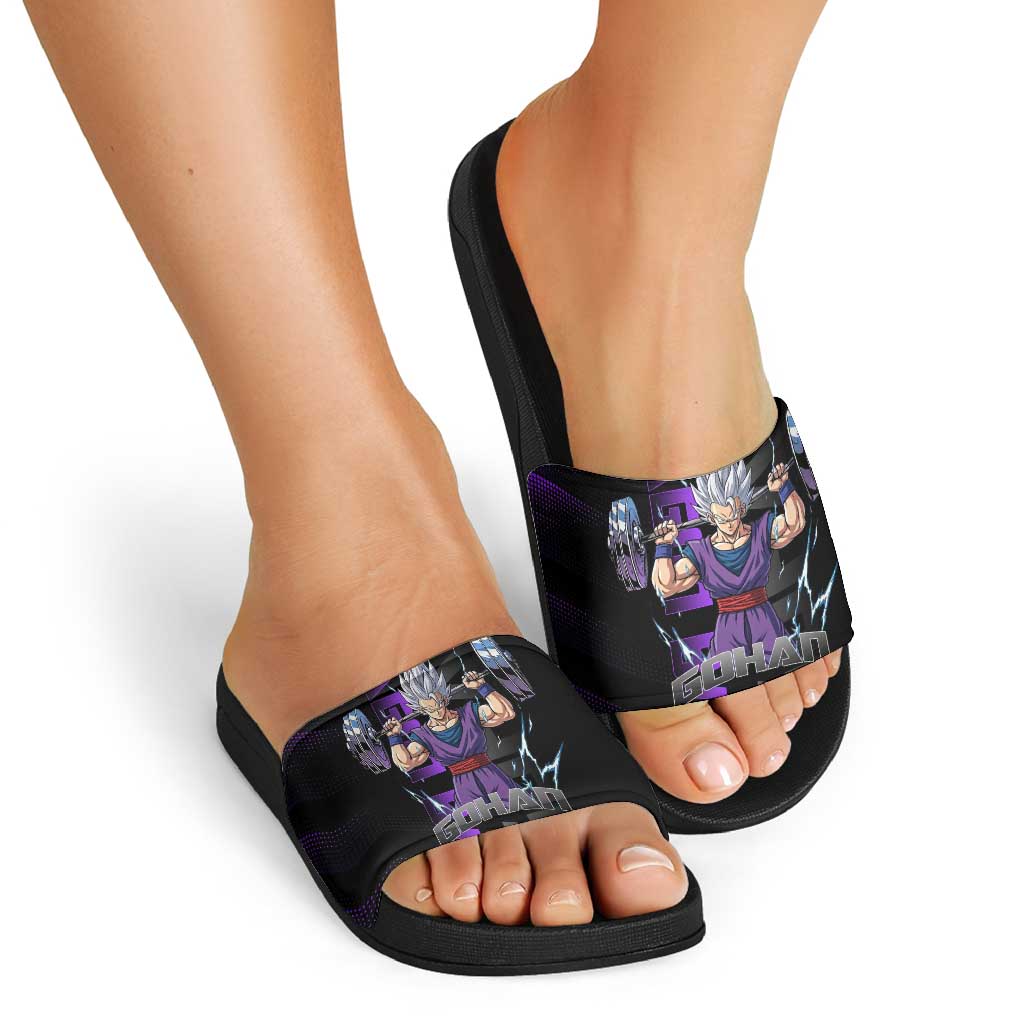 Gohan Dragon Ball Gym Theme Slide Sandals with Dumbbell Power Lift and Electric Aura on Black and Purple Design - The Mazicc