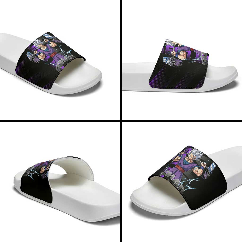 Gohan Dragon Ball Gym Theme Slide Sandals with Dumbbell Power Lift and Electric Aura on Black and Purple Design - The Mazicc
