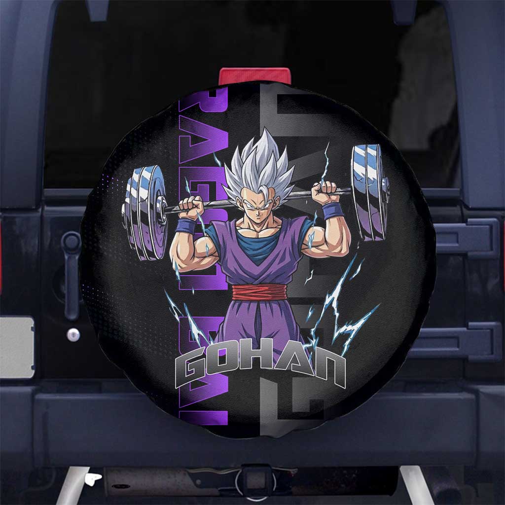 Gohan Dragon Ball Gym Theme Spare Tire Cover with Dumbbell Power Lift and Electric Aura on Black and Purple Design - The Mazicc