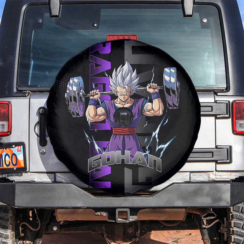 Gohan Dragon Ball Gym Theme Spare Tire Cover with Dumbbell Power Lift and Electric Aura on Black and Purple Design - The Mazicc