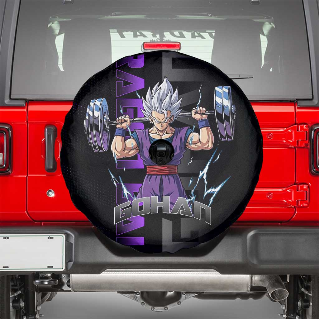 Gohan Dragon Ball Gym Theme Spare Tire Cover with Dumbbell Power Lift and Electric Aura on Black and Purple Design - The Mazicc