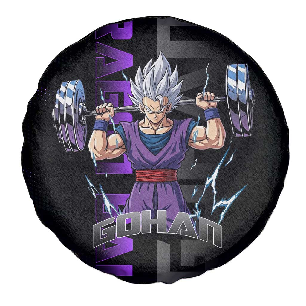 Gohan Dragon Ball Gym Theme Spare Tire Cover with Dumbbell Power Lift and Electric Aura on Black and Purple Design - The Mazicc