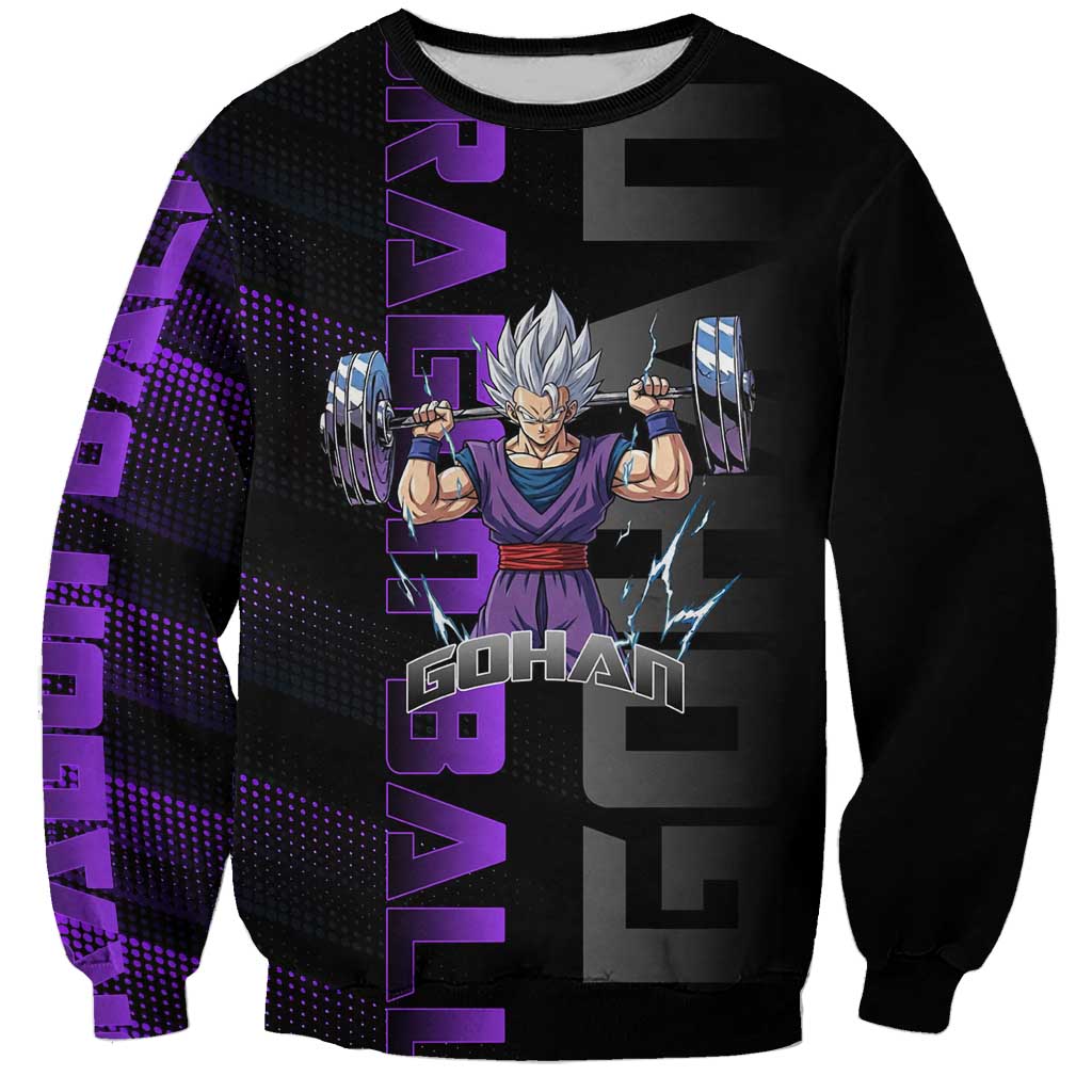 Gohan Dragon Ball Gym Theme Sweatshirt with Dumbbell Power Lift and Electric Aura on Black and Purple Design - The Mazicc