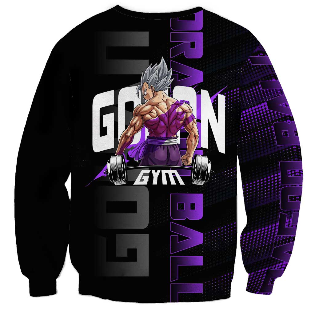 Gohan Dragon Ball Gym Theme Sweatshirt with Dumbbell Power Lift and Electric Aura on Black and Purple Design - The Mazicc
